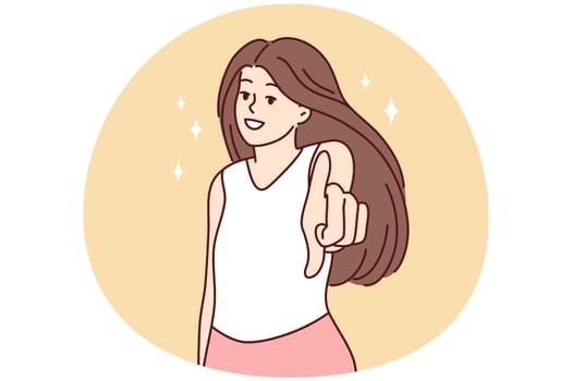 Smiling woman look at camera making hand gesture. Happy female point at screen make choice or decision. Vector illustration.