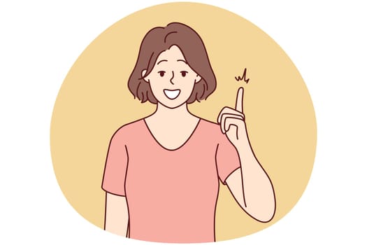 Smiling woman point up with finger