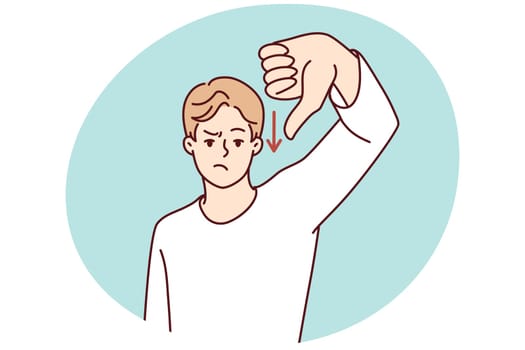 Unhappy man show thumb down dissatisfied with financial recession or money loss. Upset angry male dislike negative finance statistics. Vector illustration.