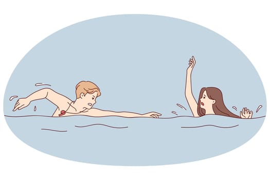 Male guard swimming to stressed female sinking in water. Rescuer rush to worried female drowning in sea or pool. Vector illustration.