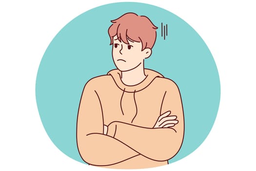 Unhappy young man look aside feeling bored and distressed. Upset millennial guy unsatisfied with news or situation. Stress and loneliness. Vector illustration.