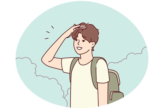 Young man with backpack stand in bushes looking for road. Millennial guy traveler get lost in park searching way out. Travel and navigation. Vector illustration.
