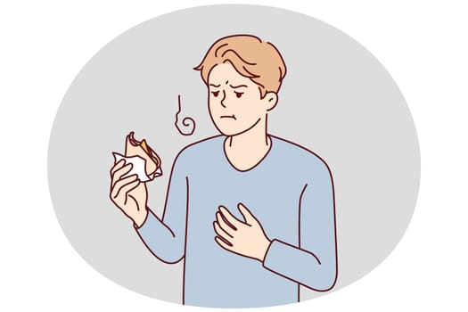 Unwell young man feel bad eating sandwich. Unhealthy guy have indigestion or food poisoning after snack. Stomachache problems. Vector illustration.