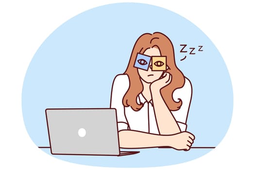 Exhausted young woman sit at desk work on computer overwhelmed with office job. Tired girl feel sleepy overwork at workplace. Fatigue concept. Vector illustration.