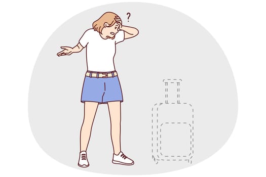 Stressed young woman frustrated with baggage loss in airport. Unhappy distressed female confused with lost suitcase. Vector illustration.