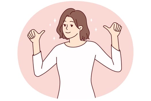 Happy young woman show thumbs up pointing at her. Smiling female feel confident and successful recommend candidature. Vector illustration.
