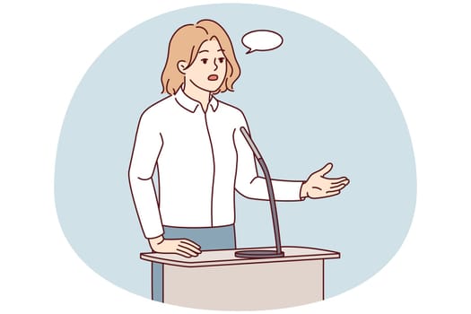 Successful businesswoman talk in microphone at business conference or seminar. Confident female boss or leader have speech or presentation for audience. Vector illustration.