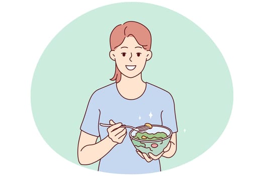 Smiling young woman eating healthy salad follow diet. Happy girl enjoy vegetable meal care about good habits. Nutrition and vegetarian lifestyle. Vector illustration.