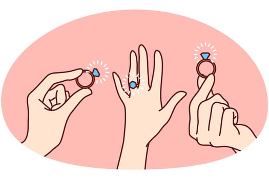 Set of woman hands with engagement ring on finger. Collection of girl palm with wedding jewelry. Marriage and proposal. Vector illustration.