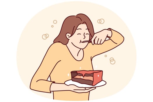 Hungry young woman eating cake suffer from eating disorder. Happy girl enjoy chocolate dessert. Guilty pleasure. Vector illustration.
