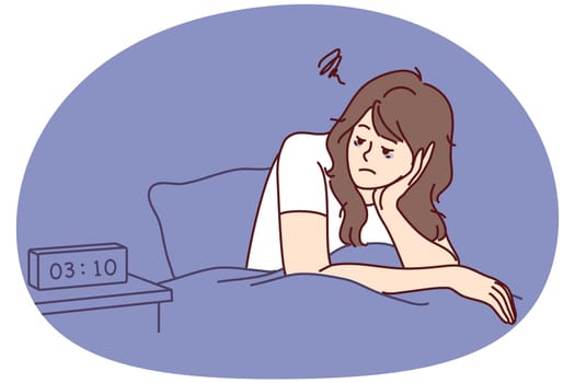 Tired woman sit in bed look at alarm ringing suffer from fatigue and exhaustion. Exhausted female struggle with insomnia unable to sleep at night. Vector illustration.