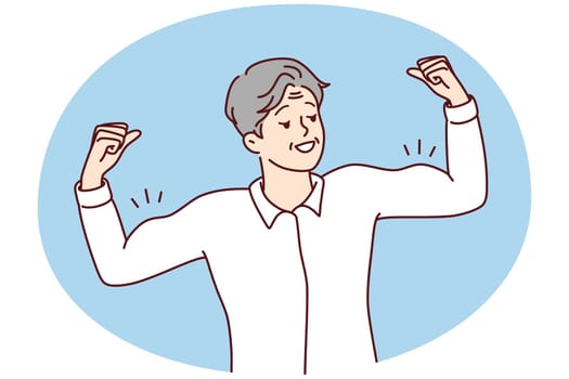 Elderly man showing muscles training and exercising. Smiling mature male demonstrate good physical shape follow sport lifestyle. Vector illustration.