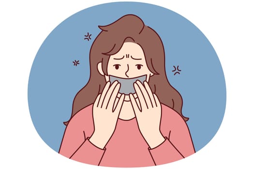 Scared young woman with tape on mouth suffer from speech censorship. Terrified female have freedom of speech limitation. Discrimination and harassment. Vector illustration.