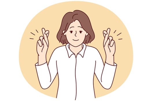 Smiling young woman cross fingers make wish. Happy female do hand gesture ask or hope for best. Vector illustration.