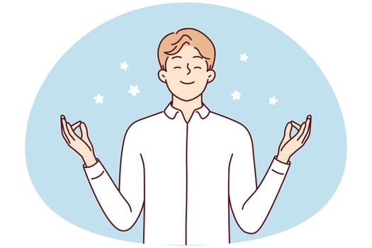 Happy young man with mudra hands meditate relieve negative emotions. Smiling calm male practice yoga think positive. Mental health concept. Vector illustration.