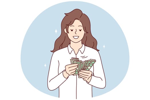 Smiling rich woman holding dollar bills in hands excited with win or promotion. Happy female count money joyful with income or revenue. Vector illustration.
