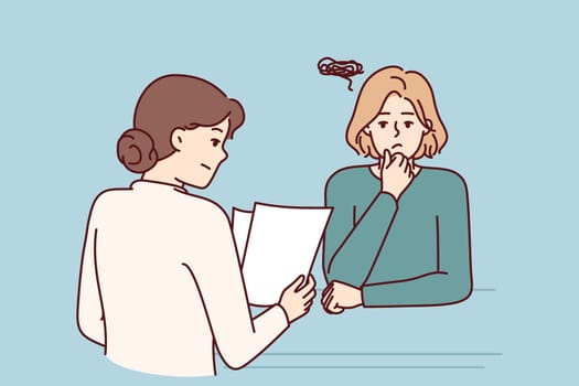 Woman is interviewing in corporation and is nervous waiting for recruiter to read resume and make job offer. Worried girl needs good job and feels fear due to self-doubt or lack of skills