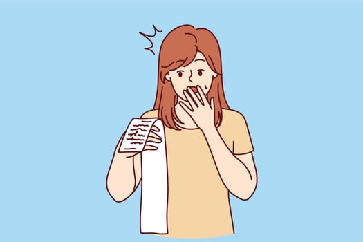 Shocked woman holds receipt with purchase price and is amazed at size of prices and rise in inflation. Surprised girl with paper check feeling stressed due to inflation caused by financial crisis