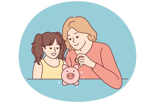 Mother and daughter saving money in piggybank. Mom and girl child put coin in piggy bank make financial investment for future. Banking. Vector illustration.