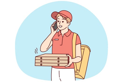 Happy young male deliveryman with pizza boxes calling client on cellphone. Smiling man courier deliver order to customer. Vector illustration.