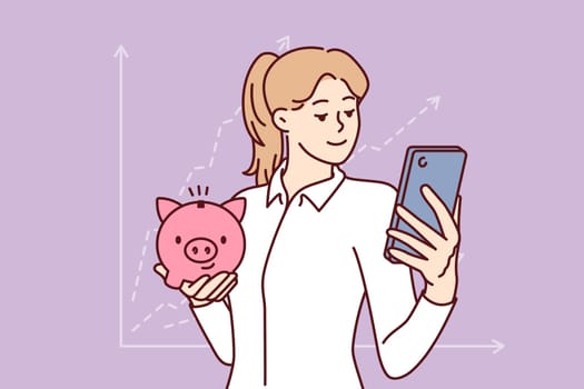 Woman accountant with piggy bank and phone is standing near financial chart calling to start investing. Girl accountant conducts audit of savings and monitors amount of dividends through smartphone