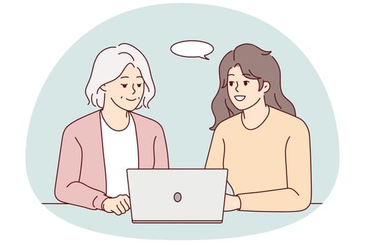 Smiling young woman help elderly female deal with modern laptop. Happy grownup daughter and mature mom use computer together. Technology and aged people. Vector illustration.