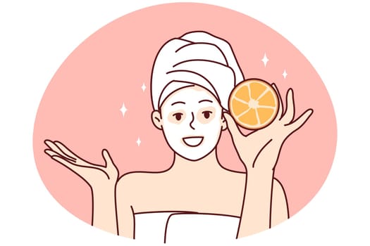 Smiling woman in towel and bathrobe do facial beauty procedures in spa. Happy girl enjoy face skincare procedures at home. Cosmetology concept. Vector illustration.