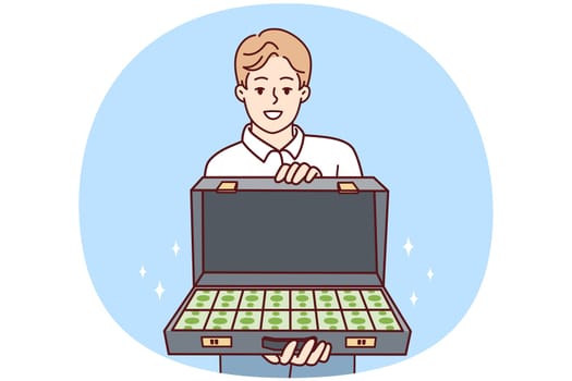 Smiling young man hold briefcase with dollar bills inside. Happy rich male with case full of money. Financial stability and wellness. Vector illustration.