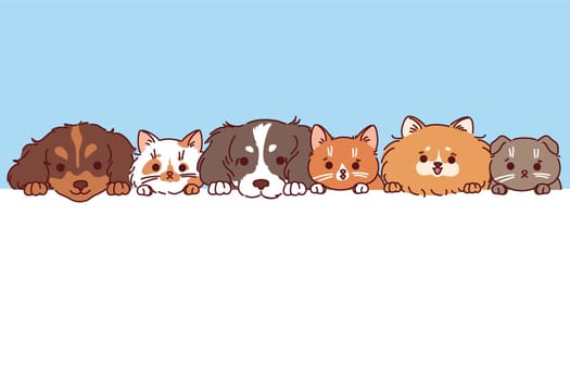 Dogs and cats peek out from behind white banner designed to advertise veterinary clinic or private doctor for pets. Cute kittens and puppies for advertising animal shelters or pets hotels