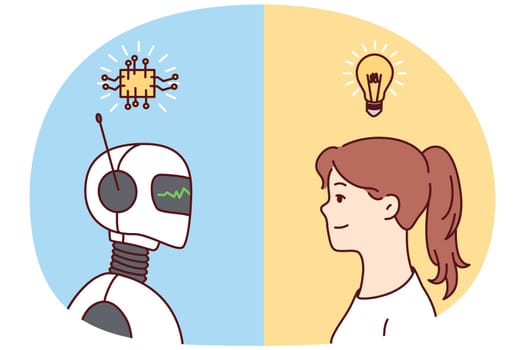 Young woman with lightbulb above head and robot exchange thoughts generate ideas. Concept of artificial intelligence and human intellect. Vector illustration.