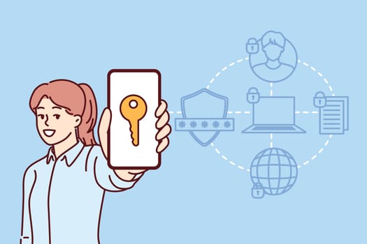 Woman demonstrates phone with key symbolizing cloud software protected by IT antivirus or firewall. Successful girl manager of hosting provider or IT company providing cloud server services