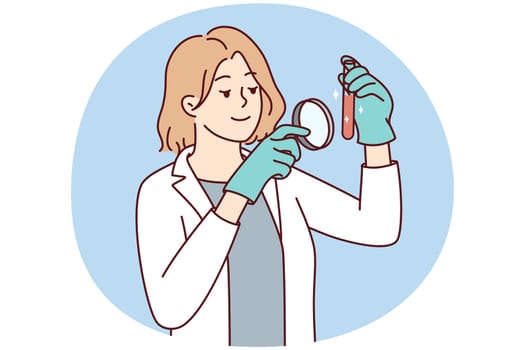 Female scientist in white medical uniform explore tube with magnifying glass. Woman researcher analyze laboratory specimen with magnifier. Vector illustration.