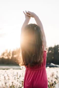 Rear view of adorable little girl in pink summer jumpsuit standing in field of white fluffy dandelions and stretching arms up to sky. Kid with brown hair enjoying sunshine in blowballs. Vertical.