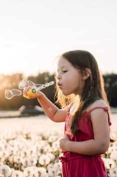Adorable little girl in pink jumpsuit standing in meadow among white dandelions and blowing soap bubbles. Active lady attentively watching process and having fun in nature on sunset. Vertical.