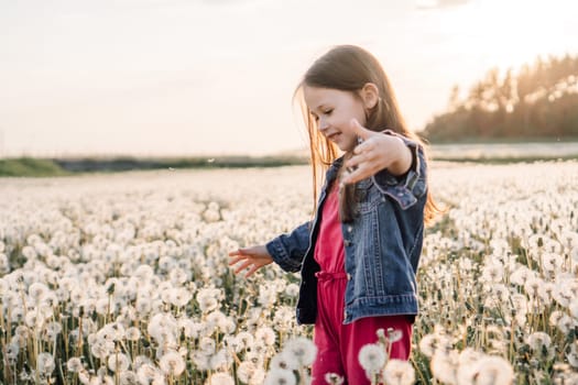 Amazing little lady in blue denim jacket over pink jumpsuit looking gently at white dandelions and opening arms wide standing in meadow of blossoms. Brunette kid smiling happily enjoying nature.