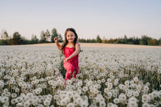 Charming female kid in pink jumpsuit standing in field surrounded by white dandelions and smiling while looking at blossoms. Happy girl walking in fluffy flowers an sunset and enjoying vacation.