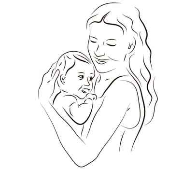 Hand drawn silhouette of mother and a baby