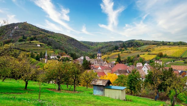 typical Alsatian village in the middle of the vineyards