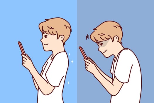 Boy with poor posture plays on phone and needs to straighten spine, before and after going to osteopath. Child with cellphone hunched over and spoiled posture due to excessive fascination with gadgets