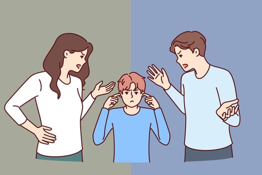 Kid stands between screaming parents scolding son for pranks or poor school performance. Schoolboy closes ears, not wanting to listen to abuse of mom and dad and suffering from nervous parents