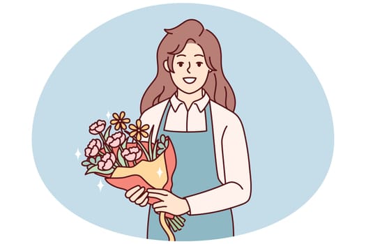 Portrait of smiling female florist in apron holding beautiful floral bouquet. Happy woman with flowers in hands working in botanical shop. Vector illustration.