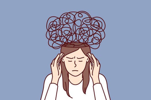 Thoughtful woman with chaos in mind, massages temples and tries to solve mental problems caused by excess stress. Girl with mental difficulties closes eyes making brainstorming for difficult decision.