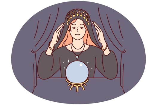 Female fortune teller look at magic ball predict future. Woman gypsy in robe do magical ritual in room. Vector illustration.