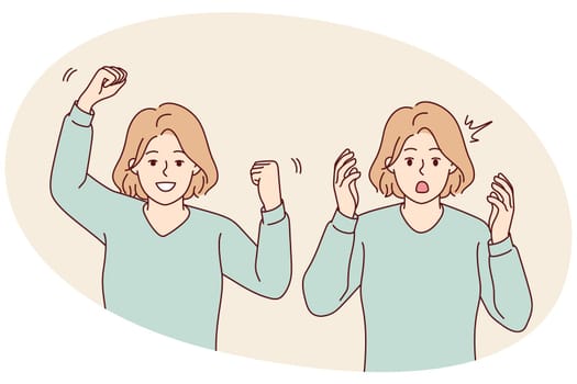 Young woman feeling unhappy and happy showing different emotions. Emotional girl feel stressed and excited. Mood swing. Vector illustration.