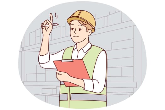 Man in uniform and helmet working in warehouse. Smiling male engineer or mechanic at storehouse or depot. Occupation and profession. Vector illustration.