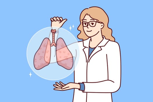 Woman doctor with smile demonstrates lungs of person offering to undergo medical examination of body. Medic in white coat recommends paying attention to lungs diseases bronchitis and tuberculosis