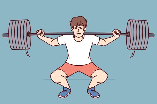 Man squats with barbell on shoulders, doing weightlifting in gym and trying to set new sports record. Guy wants to become professional bodybuilder lifts barbell to build muscle and succeed in fitness
