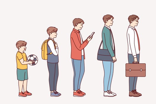 Different stages of man life from toddler to mature office manager, for progression concept. Different generations of men stand in row in ascending order, getting education and making career