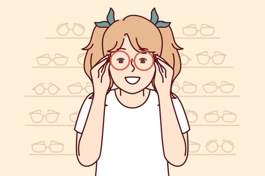 Little girl is trying on eyeglasses for vision correction, stands in optics store near showcases with glasses. Smiling child puts on round-rimmed eyeglasses to get rid of eye problems