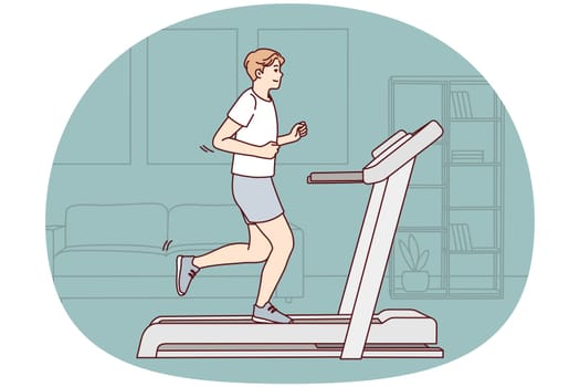 Young sportive man in sportswear running on racetrack at home. Toned motivated male do sports training indoors. Physical activity. Vector illustration.